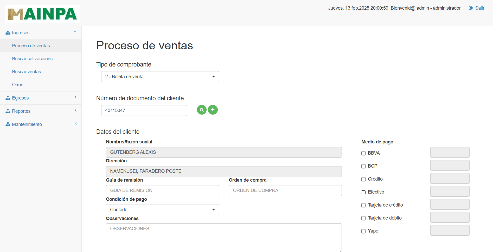 Captura del sistema de Mainpa